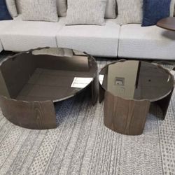 🔥 BRAND NEW – ENZO Coffee Table Set of 2 – Wood + Smoke Glass – $120 🔥

