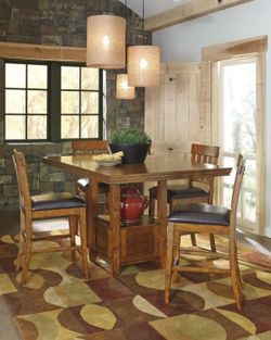 Counter height 6pc dining set solid wood medium brown 42-60”table (extension leaf included) and 4 matching chairs $500 (msrp $1,299)