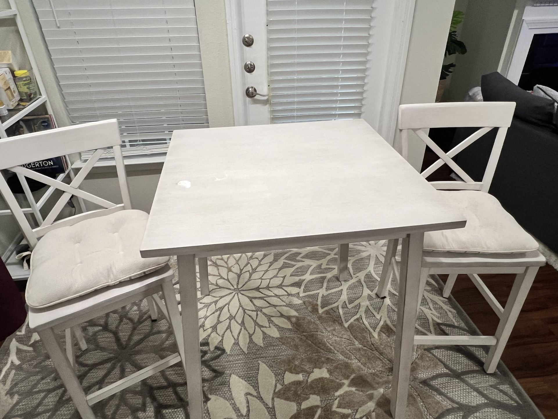 White High Top Dining Table with 2 High Top Chairs– $100 (Light Stain on Top)