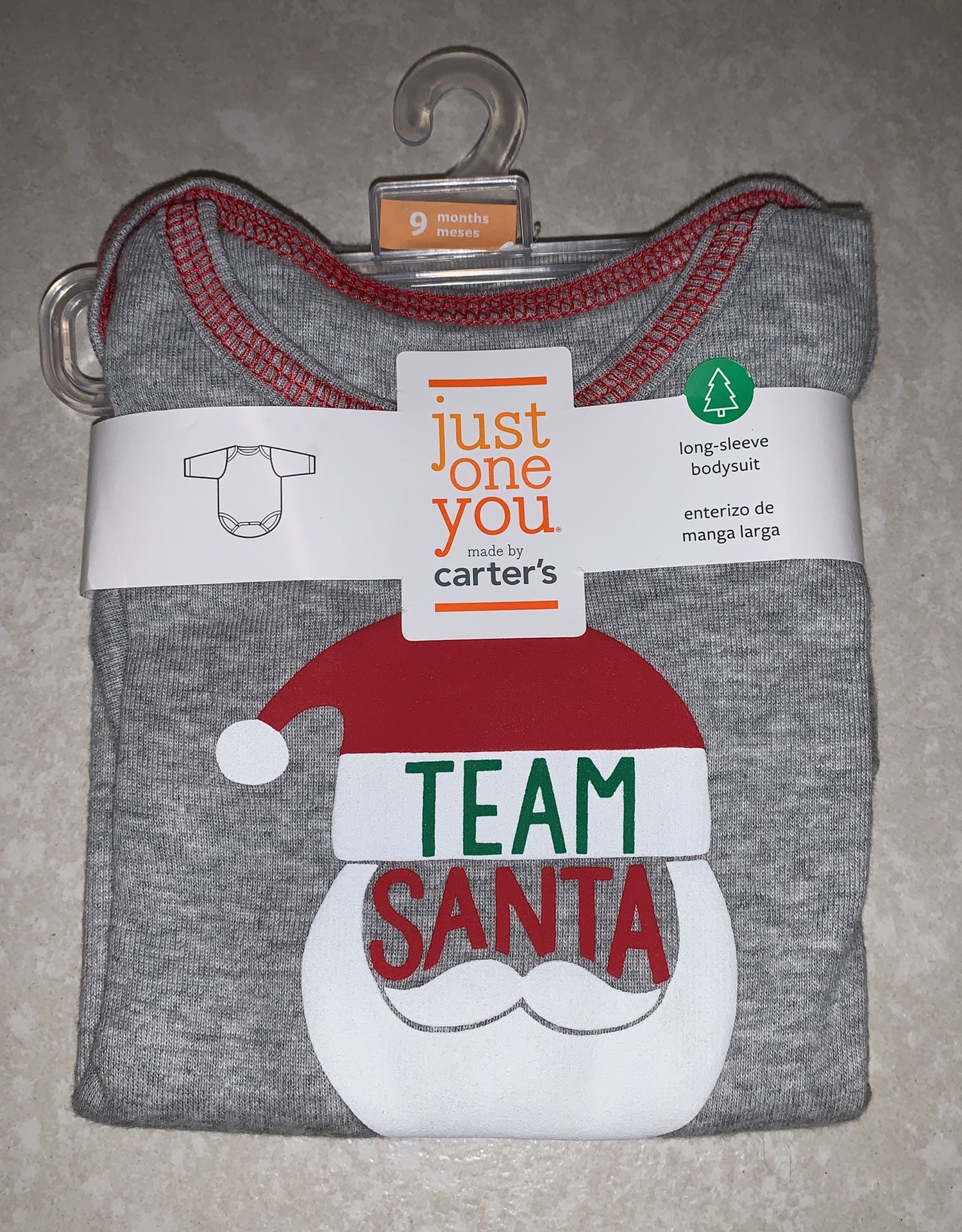 Brand new Carter’s size 9 months “Team Santa” gray christmas long-sleeve bodysuit onesie