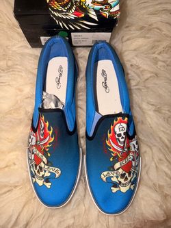 New original Ed Hardy Thorn Slip-On blue shoes Size 12 with box