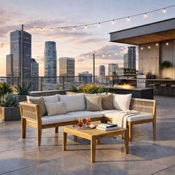 5-Piece Acacia Handwoven Rattan Modular Patio Sectional Set