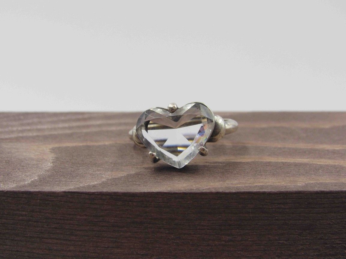 Size 6.25 Sterling Silver Rustic Glass Heart Band Ring Vintage Statement Engagement Wedding Promise Anniversary Cocktail Friendship