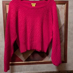 Daisy Cable-Knit Crewneck Sweater - Hot Pink