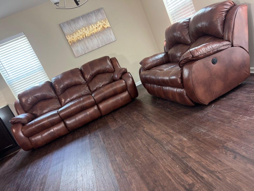 Leather Power Recliner Sofa And Loveseat.