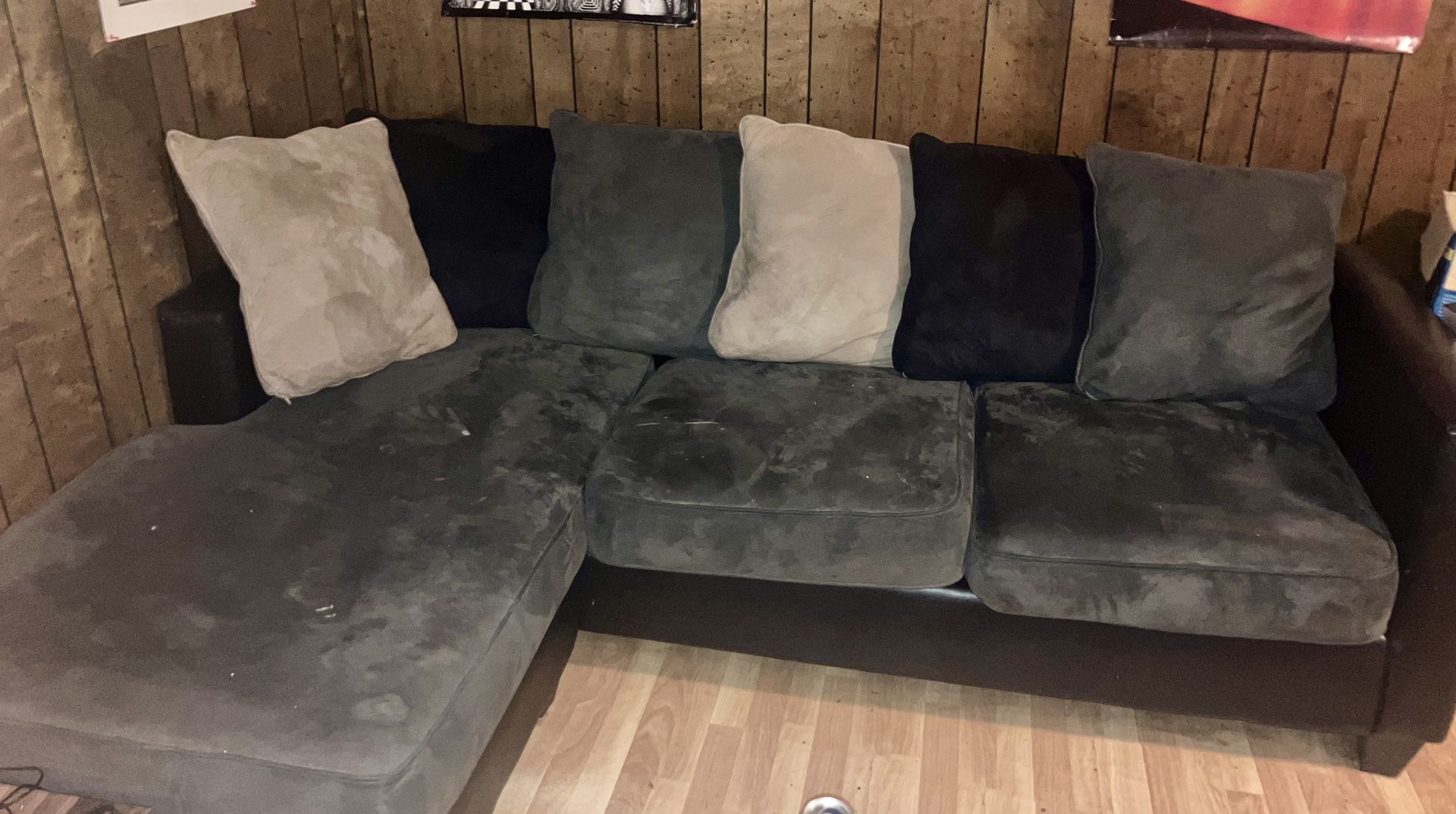 Simulated Black Leather/Grey Suede Couch w/ Chaise 