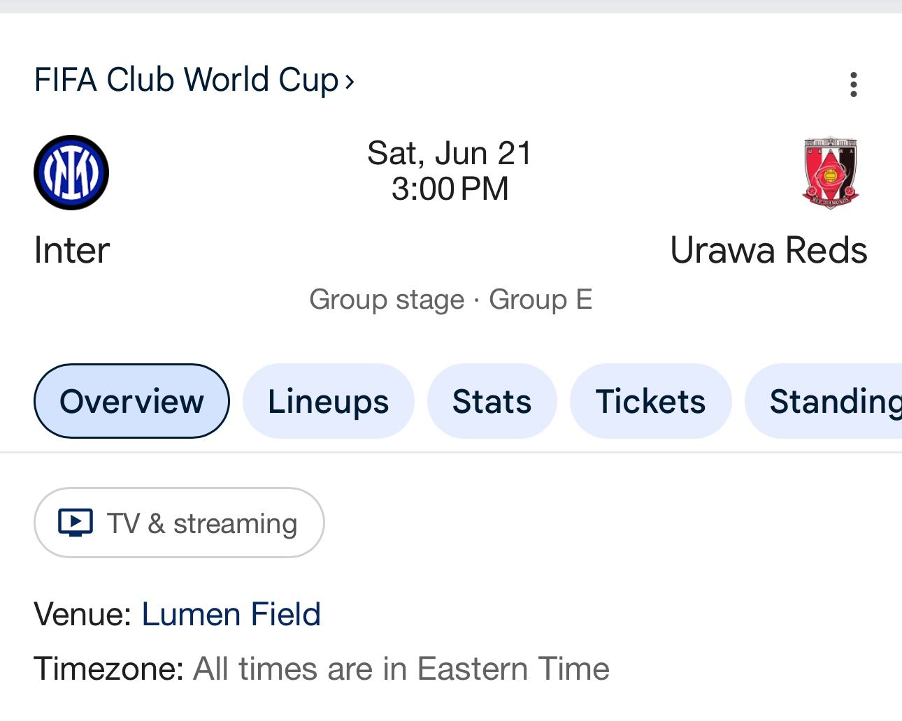 2 Tickets To The 25 Club World Cup Match Inter Milan - Urawa Red Diamonds On 6/21 In Seattle
