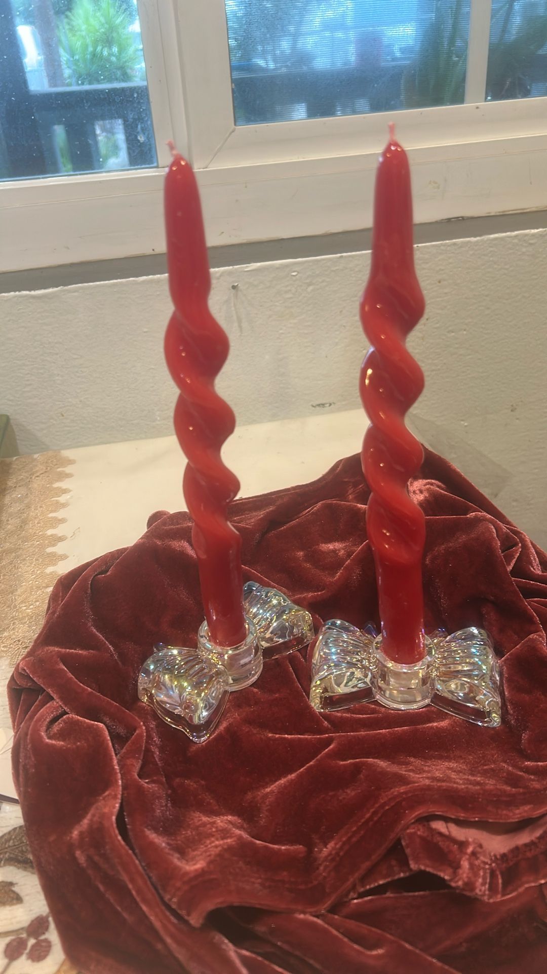 Glass Bow Candle Holders W/ Candles