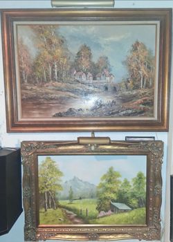 Vintage mid century Ornate Framed Oil Paintings P w/  Lights signed  Alzear / Santos