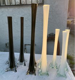 Eiffel Tower Flower Vase Clear Art Glass Opaque Black & White Interior Bundle