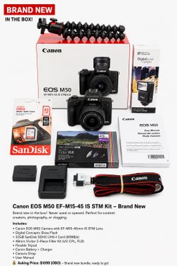 📸 Canon EOS M50 EF-M15-45 IS STM Kit | Brand New in Box | $900 OBO