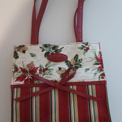 Longaberger Tote Bag Red Green Stripe Poinsettia Gift Holiday Leather Straps 9"