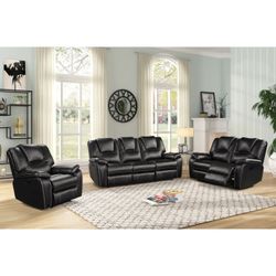 Brand New Black Leather 3pc Reclining Sofa Set