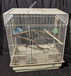 20" x 17" x 13" Vintage Portable Bird Cage Pull Out Tray Feed Bowls Mirror Handle white