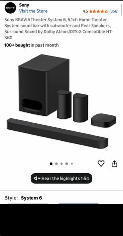 Sony BRAVIA Theater System 6, 5.1ch Home Theater System soundbar with subwoofer and Rear Speakers,