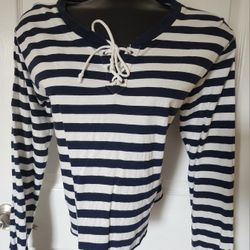Hollister Long Sleeve Lace Up Front Shirt Navy Blue White Stripe Women Sz S