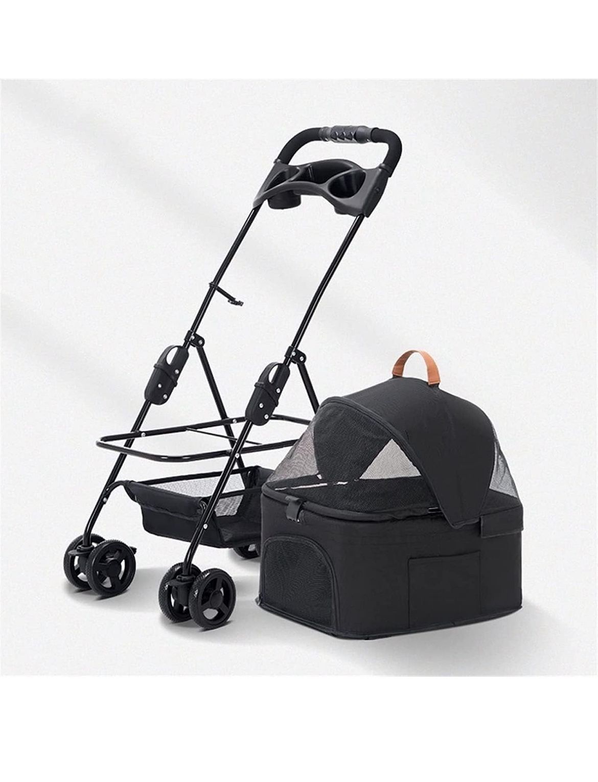Pet Strollers with Detachable Cup Holder Pushchair Dog/Cat Strollers Lightweight Pram Breathable Zipperless Entry Cat Stroller 360° Wheels (Black)