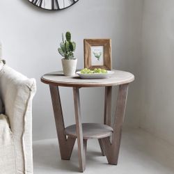Rustic Farmhouse end Table with Storage Shelf, French Country Accent Side Table for Family, Dinning or Living Room, Small Spaces, Modern, Round, Vinta