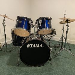 Used Blue TAMA 5pc Drum Set Complete with Cymbals, Hardware, and Throne Plus Free Sticks and Brushes
