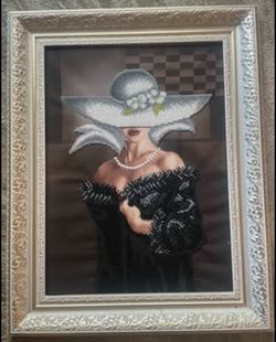 Luxury Beaded Lady Portrait Wall Art Framed Fashion Canvas Glam Decor 15x19