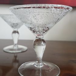 Hand-blown cocktail / martini glass with seeded bubbles and bubble stem.