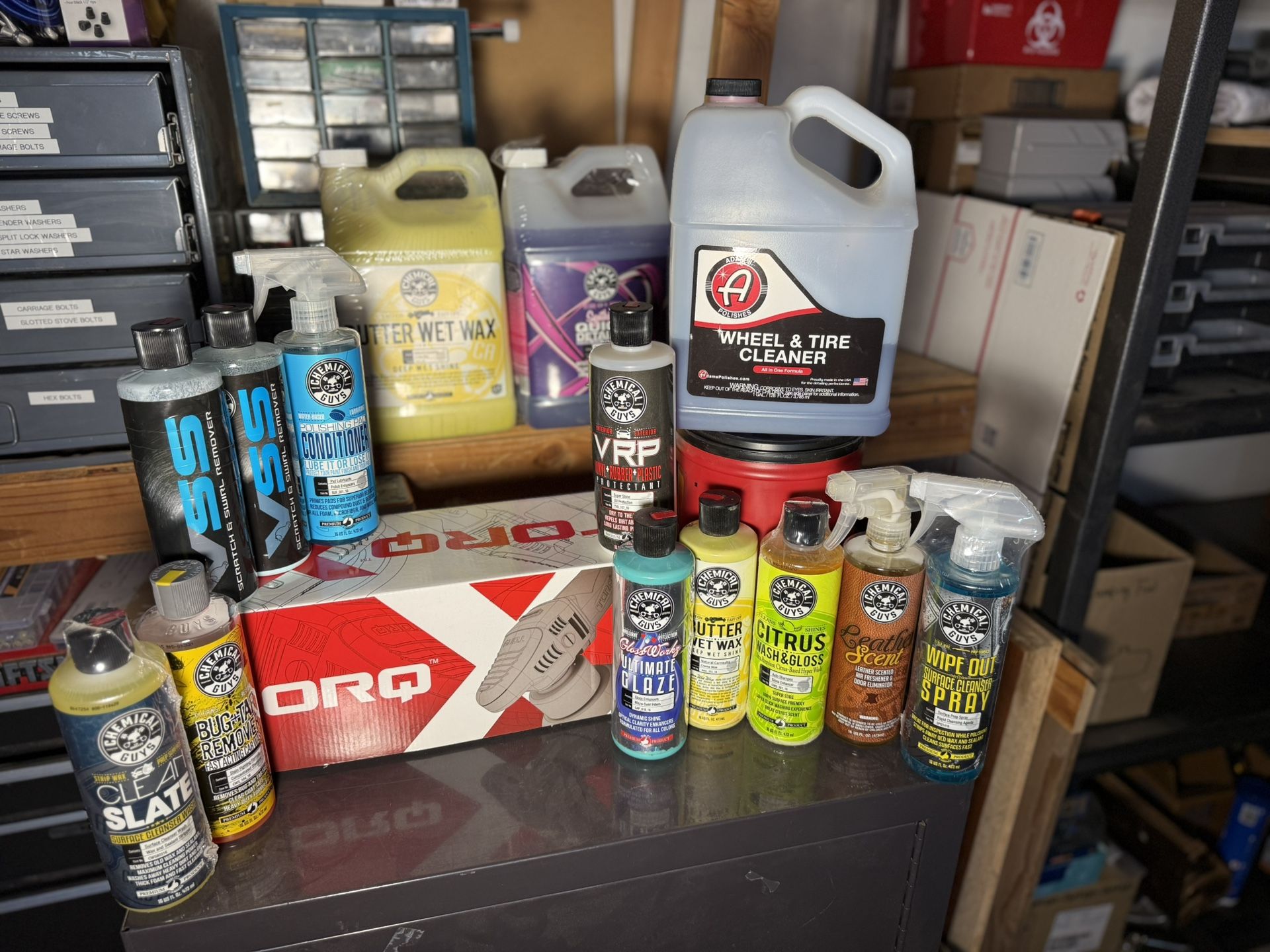 Chemical Guys BUF612 TORQX; Butter Wet Wax, Quick Detailer; VSS, Pad Conditioner; Adam’s Wheel And Tire Cleaner, Ultimate Glaze; Citrus Shampoo