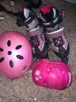 skates with knee pads and helmet