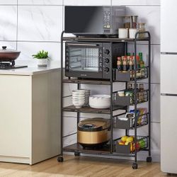 Kitchen Baker's Rack, Large Capacity Utility Storage Shelf, Microwave Stand with 8 Shelves, Foldable Pull Basket, Stable Metal Frame, Black