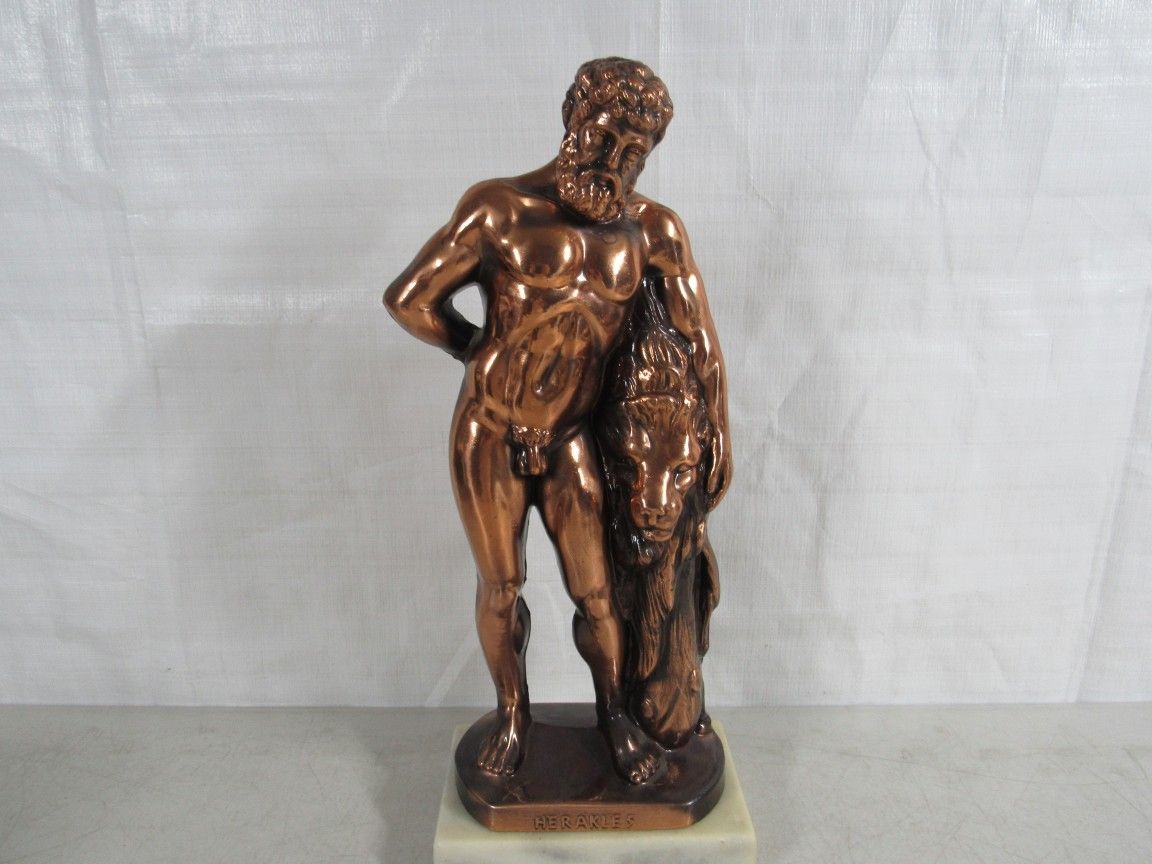 Herakles & Lion Copper Statue On Marble Base 15 1/2" Tall