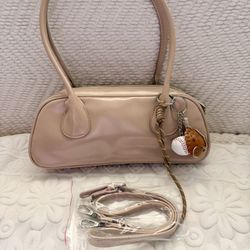 Nude Beige Faux Leather Bowling Bag / Baguette Bag Shoulder Bag