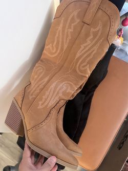 Tan Suede Knee-High Cowboy Boots