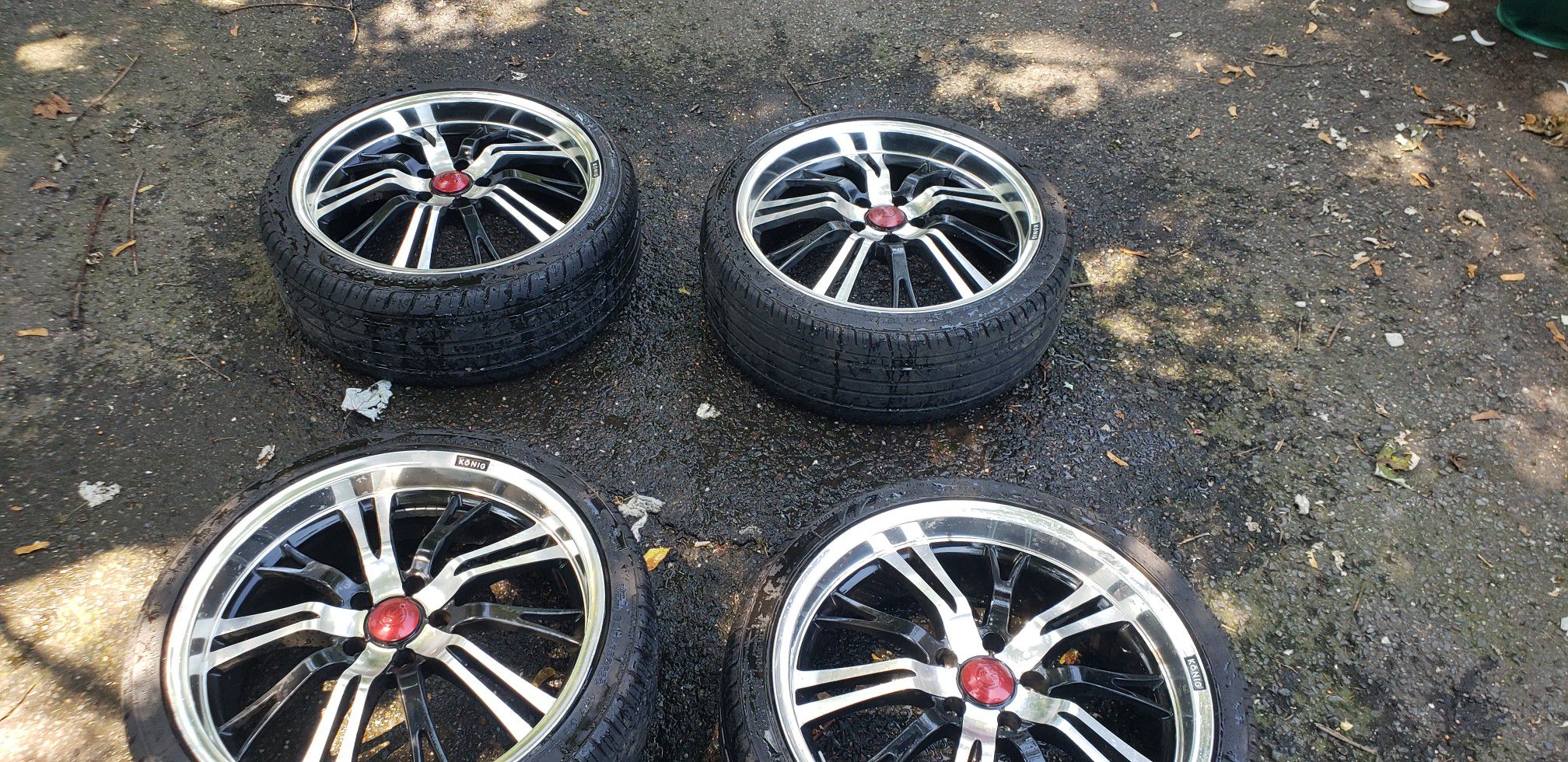 Koing unknown rims size 20 inch almost new tires sure size 245 35 20 good condition could be painted dust on in pictures and specials on two of rims