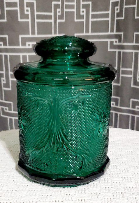 Vintage Tiara Indiana Glass Spruce Dark Green Sandwich Pattern Canister