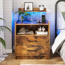LED Nightstand with Charging Station, Night Stand with 2 Drawers and Open Storage, Bedside Table with LED Lights, Modern End Table with USB Ports Outl