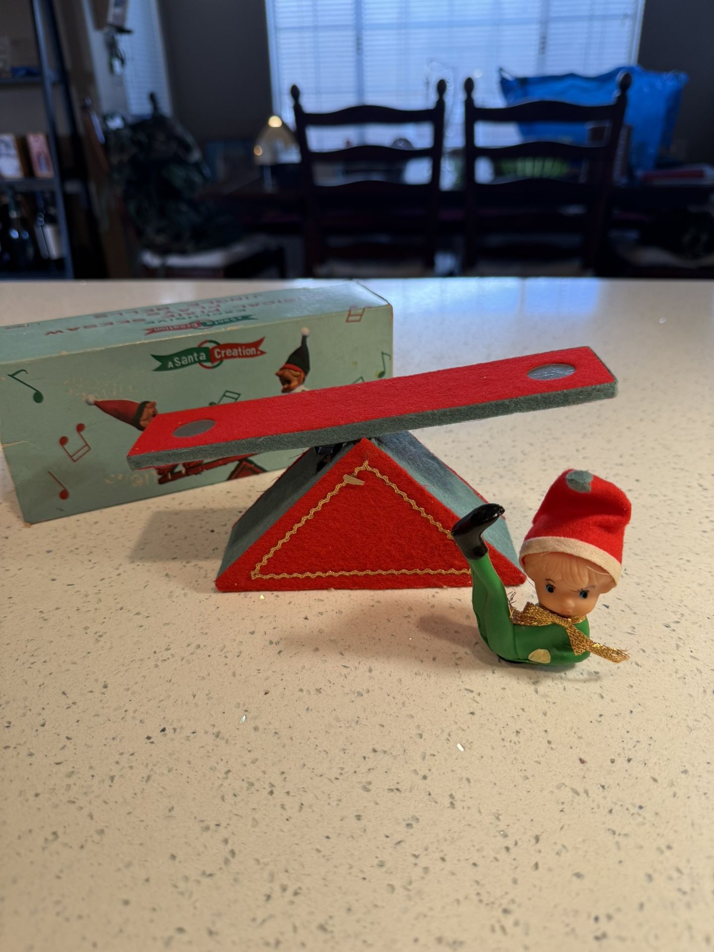 Vintage Santa Creation Musical Pixie Seesaw Japan w/ Box Plays Jingle Bells – Missing Elf