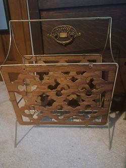 Super MCM Magazine Rack Of Wood Cutout Trefoil Design With Brass