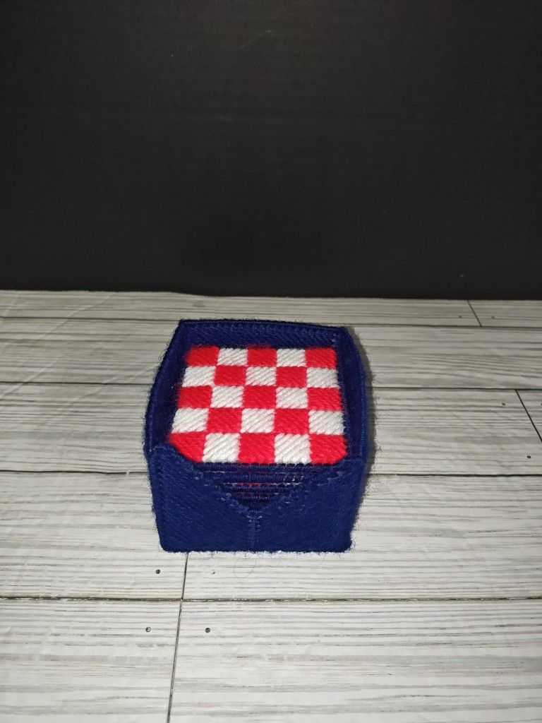 Vintage Handmade Blue Red & White Checkered Coasters & Case Plastic Canvas Yarn