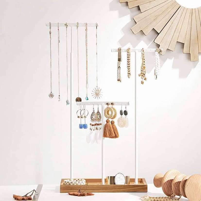 Jewelry Display Stand Holder, Jewelry Rack Tree with 3 T-Shape Metal Bars with Holes Rustic Brown and White