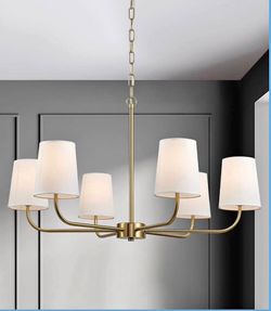 6-Light Brushed Gold Pendant Chandelier with White Linen Shades, E12 Base - Farmhouse & Industrial S