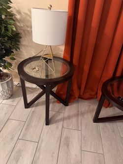 Round Glass Top Wood End Table