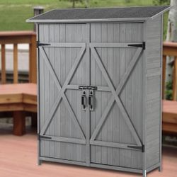 56L x 19.5W x 64H Outdoor Storage Shed with Lockable Door, Wooden Tool Storage Shed w/Detachable Shelves & Pitch Roof,Gray