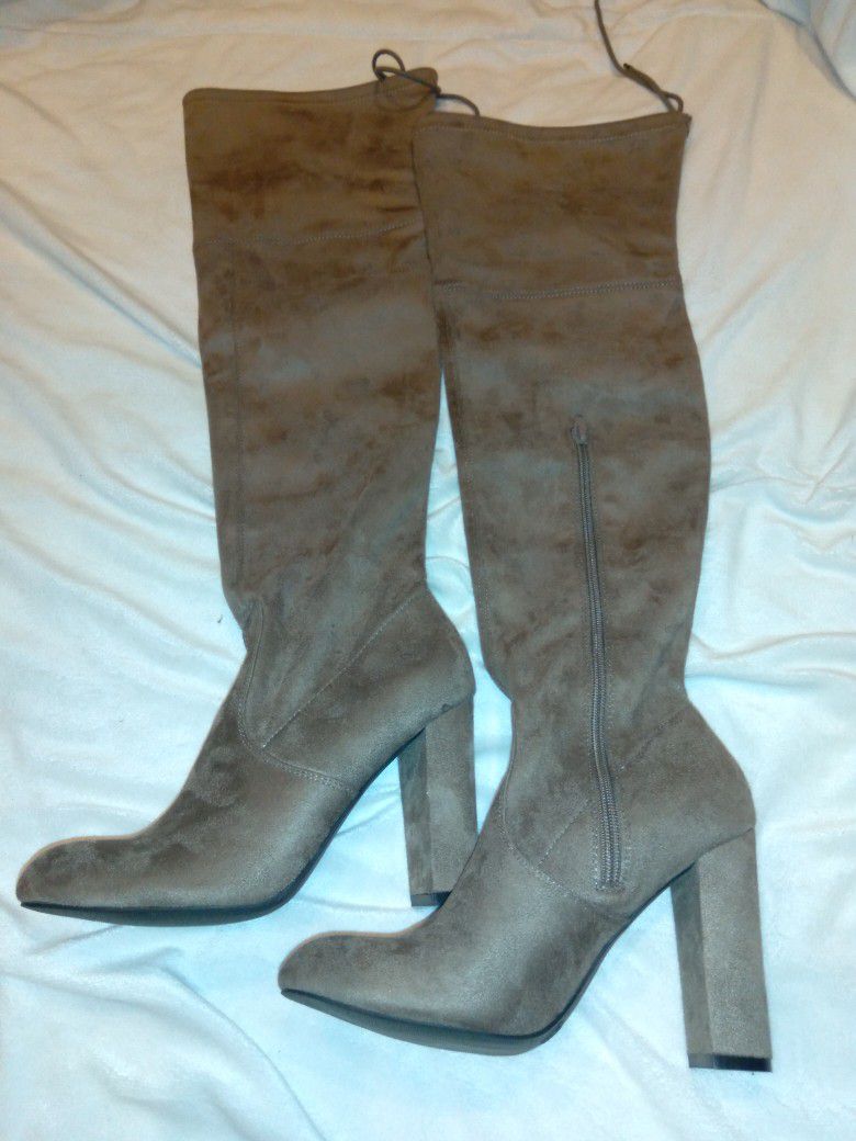 Tan Thigh High Faux Suede Boots 