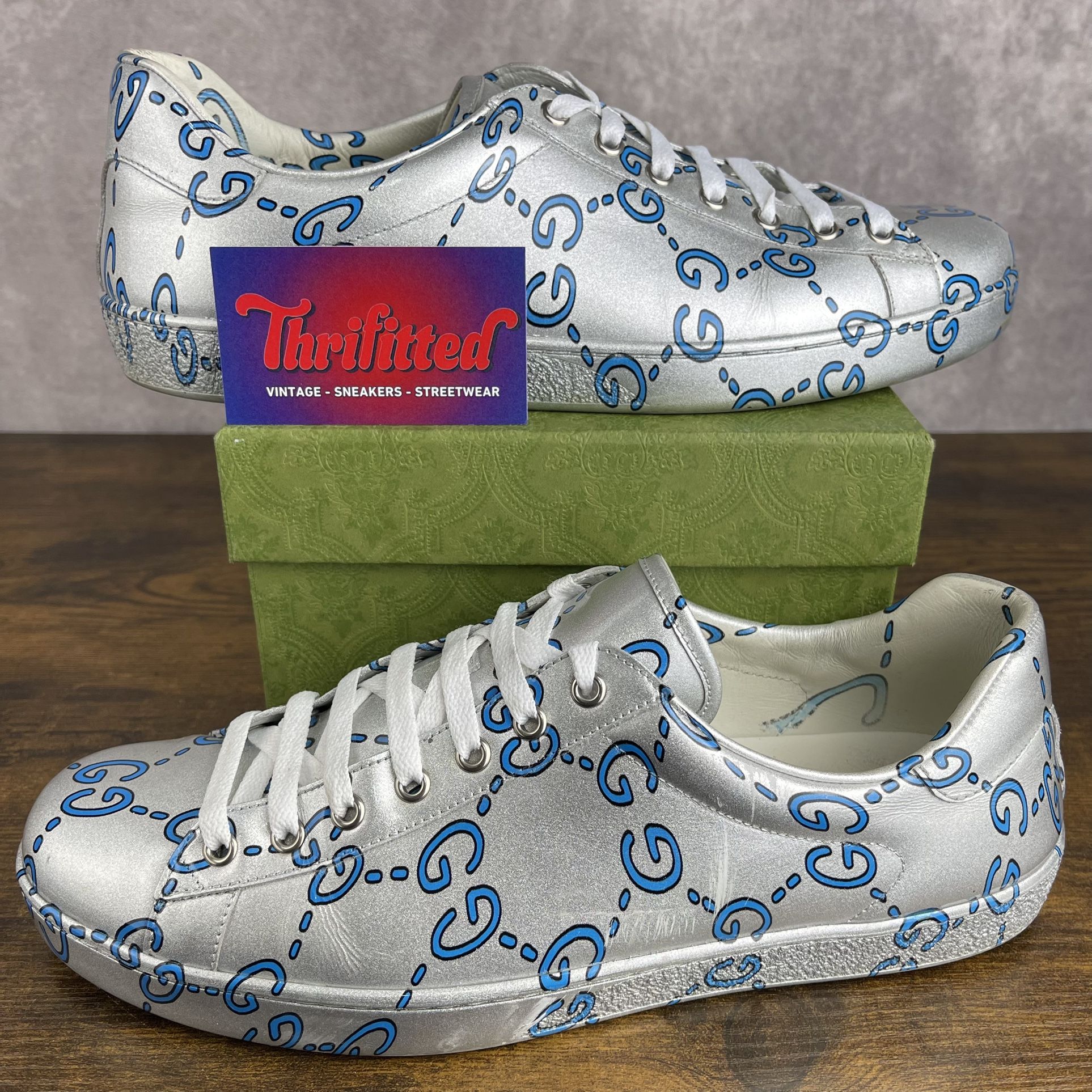 Gucci Ace Low GG Silver Monogram Size 10 UK / 10.5 US Men’s Designer Shoes OG Rare Made in Italy