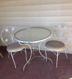 Vintage Wrought Iron Glass Top Cafe Garden Table & 2 Ice Cream Parlor Chairs