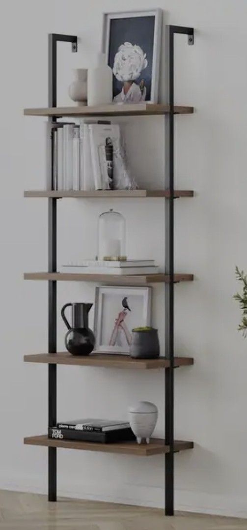 5-Shelf Ladder Bookcase Wood with Metal Frame