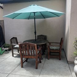 Teak Patio Set (table, Chairs, Umbrella, Plants)