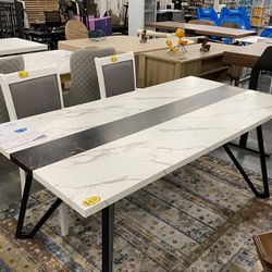 71” White Faux Marble Dining Table Seats 6 Modern Kitchen Table