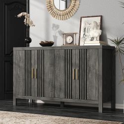 55" Sideboard Buffet Cabinet, Farmhouse Storage Buffet Cabinet With 4 Fence Doors & Gold Handle, Grey Oak