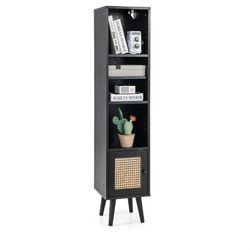 54" Tall 4 Tier Bookcase W/Rattan Door Freestanding Slim Narrow Book Cabinet Adjustable Shelf Vertical Bookshelf Display Rack Boho Wooden Cube Storage