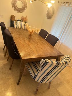 Modern Rustic Wood Dining Table Set w/ 6 Upholstered Chairs